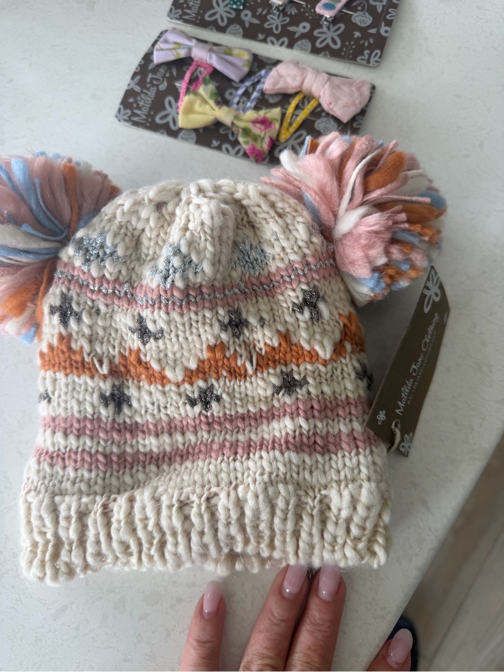 Matilda Jane Cream Knit Pom Pom Hat with Pink, Orange & Blue Accents